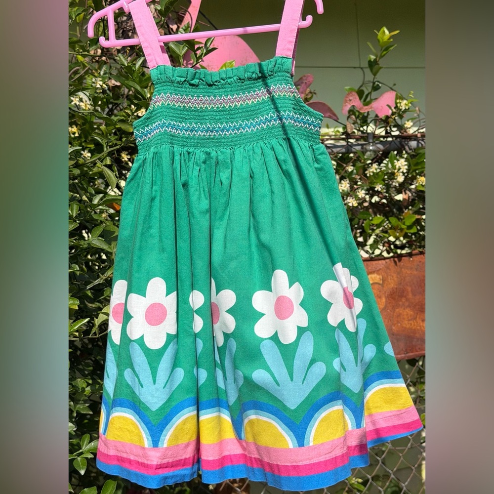 Mini Boden Green Floral Smocked Sundress with Pink Centers